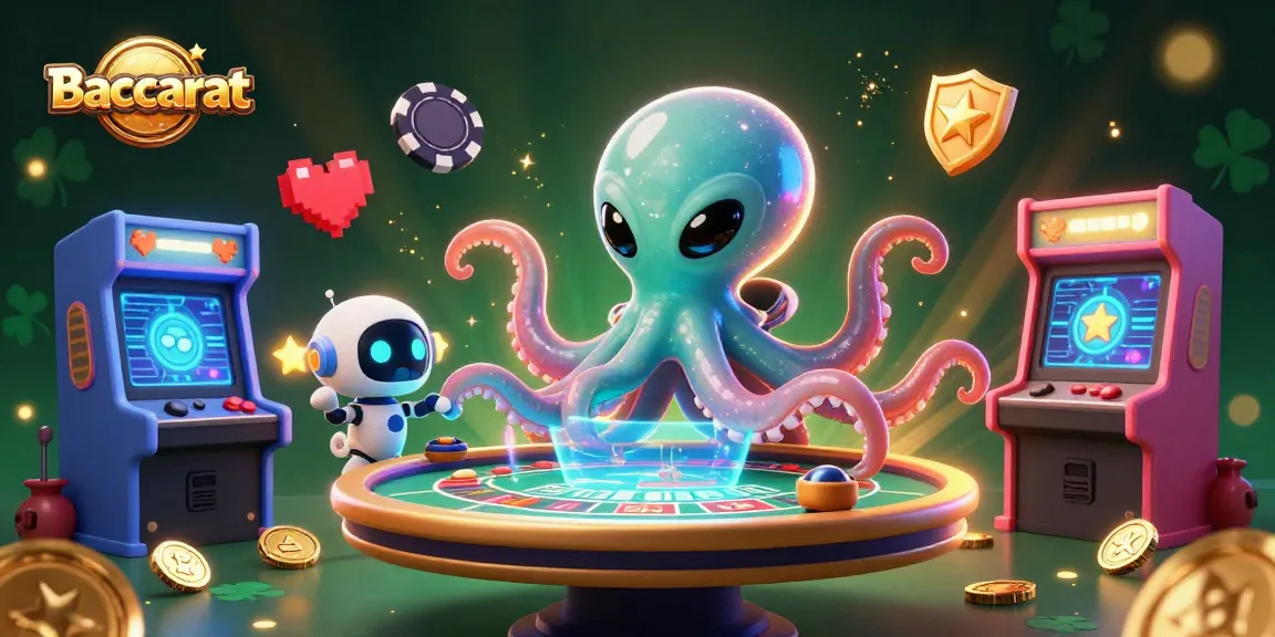 Baccarat action featuring a playful alien octopus at a holographic table, surrounded by vibrant game elements.