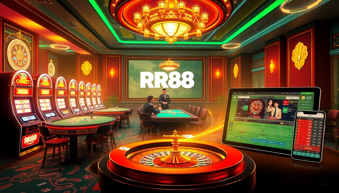 RR88 online gambling interface with casino tables, cards, and vibrant slot machines displaying excitement.