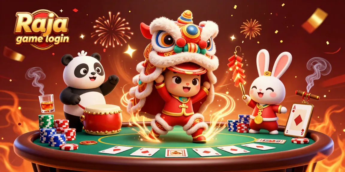 Engage with Raja game login in this vibrant 3D scene of a lion dance and poker excitement.