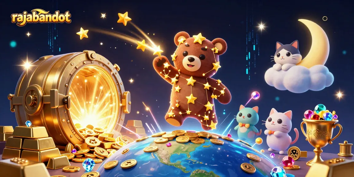 Engage with rajabandot as a constellation bear scoops coins amidst treasures and cosmic elements.