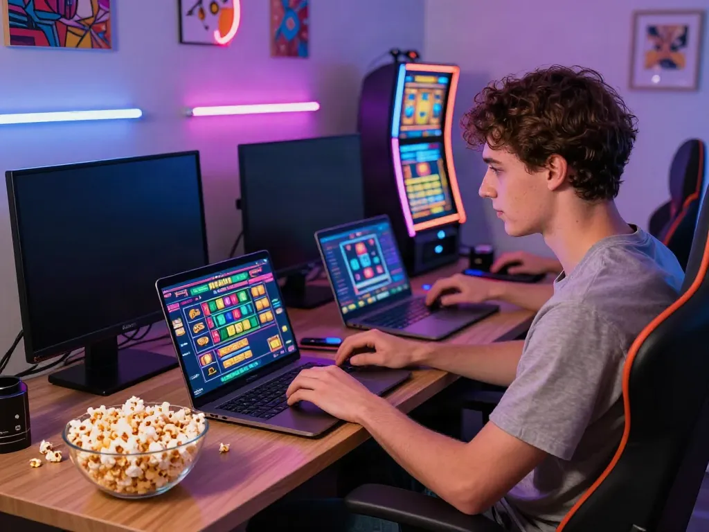 A young man enjoying an akunjp online gambling experience on his laptop in a lively home setting.