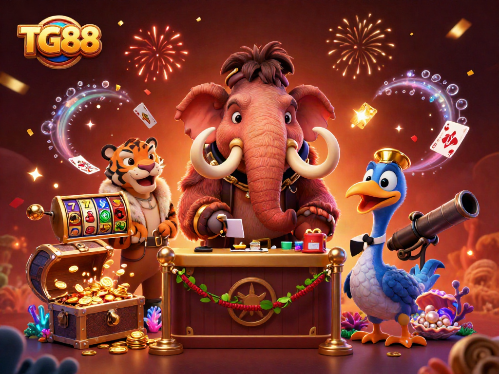 TG88 casino bouncer checks IDs with a saber-tooth tiger in luxury, vibrant casino scene.