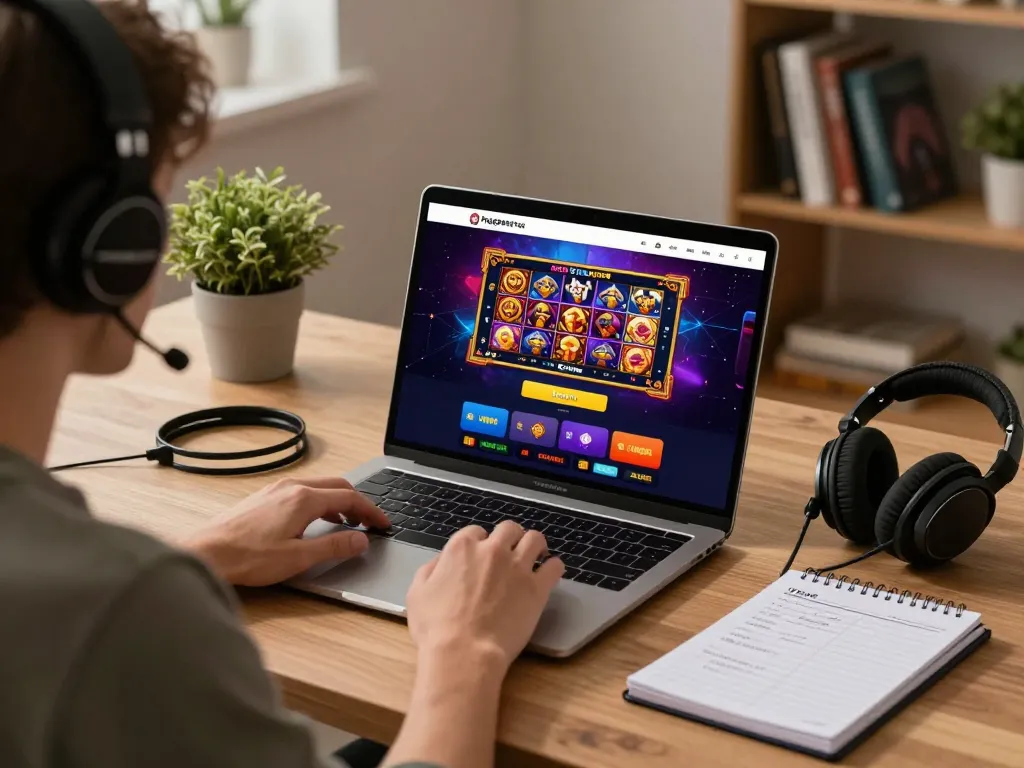 Engaging with Pragmatic Play Login through a laptop, showcasing colorful slot games and a strategic approach.