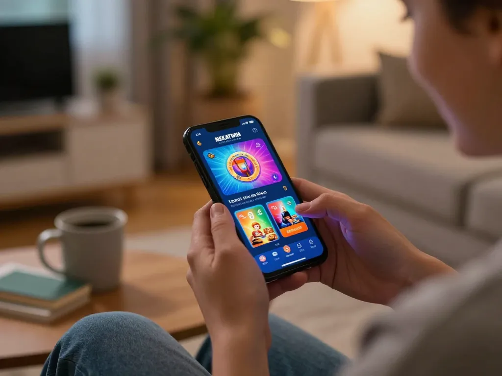 Play NEKATWIN mobile casino games on a smartphone in a cozy living room setting.
