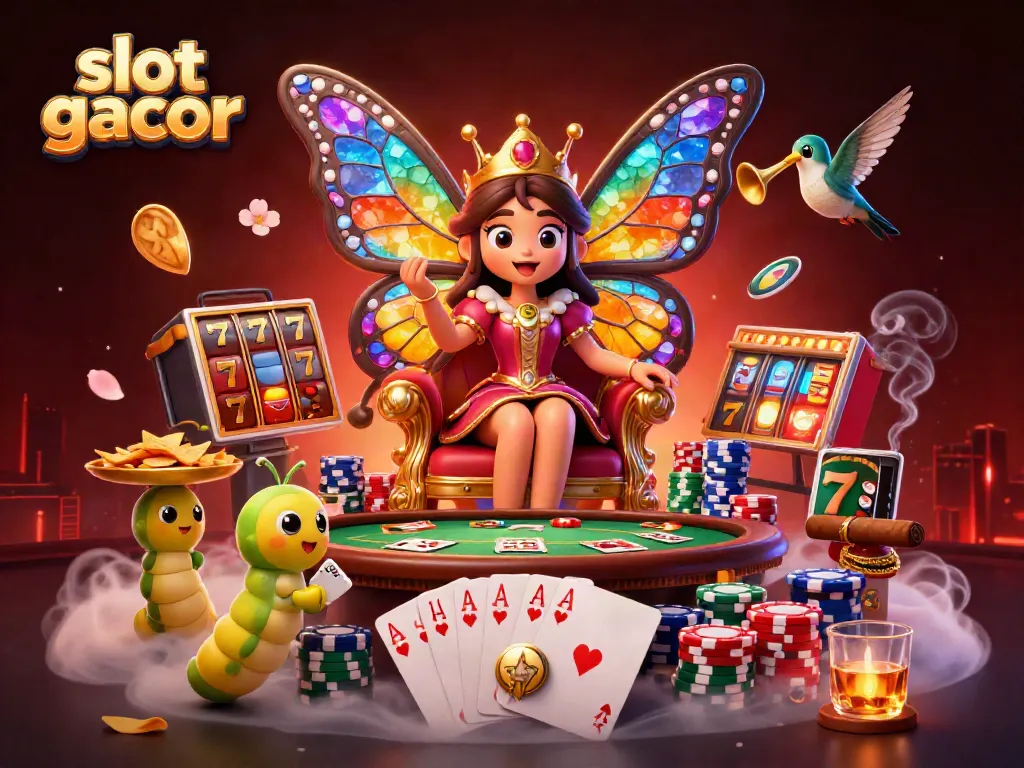 Experience vibrant slot gacor action with a butterfly queen and poker elements in this 3D illustration.