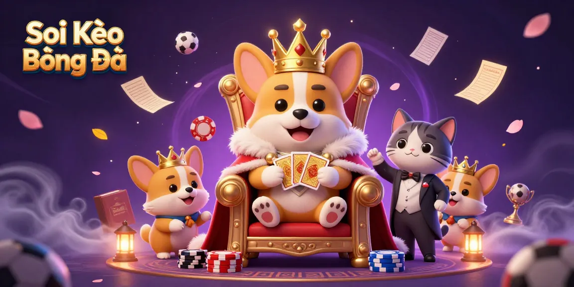 Soi Kèo Bóng Đá scene showcasing a royal corgi and cat butler immersed in sports betting action
