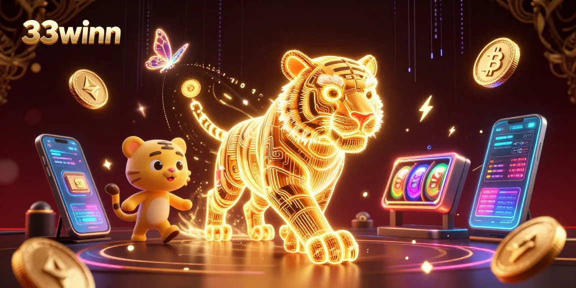 Experience thrilling gaming at 33winn with an energetic neon tiger amidst crypto elements.