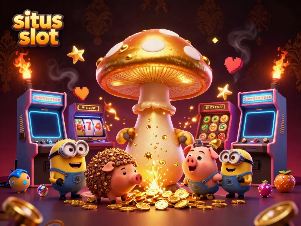 Ilustrasi 3D situs slot yang menampilkan penyihir jamur emas raksasa dengan teman babi truffle dan para minion yang membawa permata.