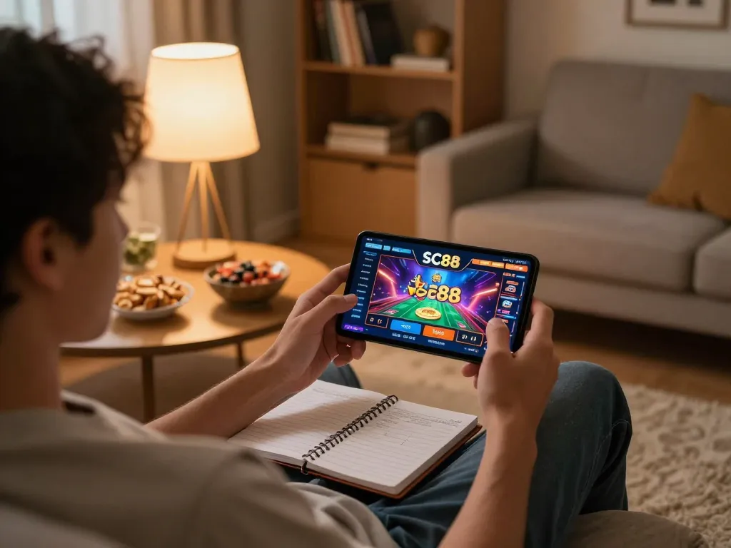 Engaging with SC88 casino app on mobile in cozy home setting, showcasing strategic gameplay.