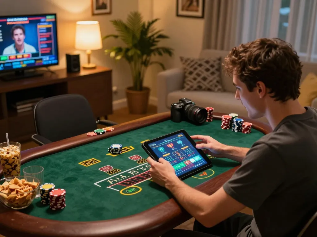 Player engages with Jun88's online casino gaming interface at home, showcasing interactive gameplay.