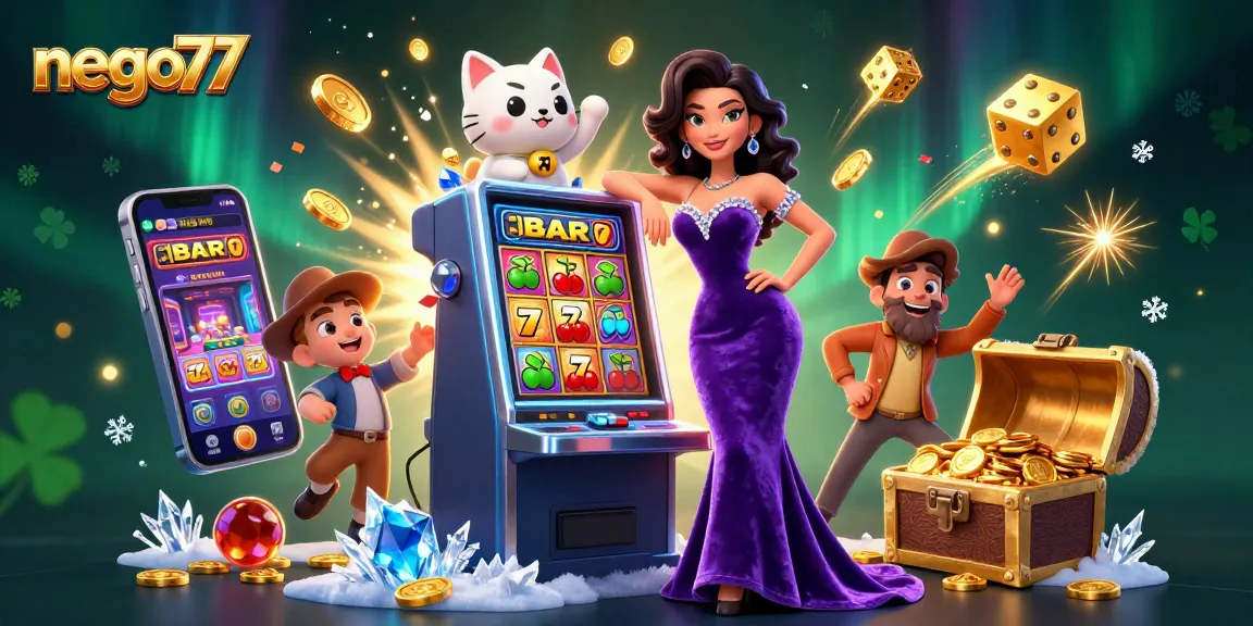 Engage with nego77's vibrant casino scene featuring a glamorous woman and jackpot highlights.