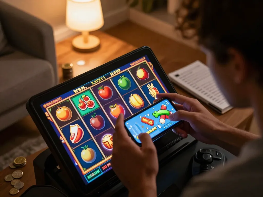 Seseorang menikmati gameplay slot online aman788 di rumah, fokus pada gulungan berputar yang hidup dan catatan strategi.