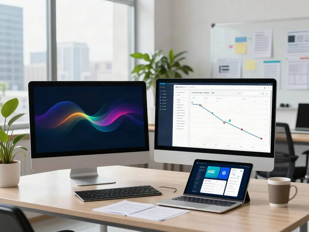 A80 information platform being analyzed in a bright tech workspace with dual monitors, vibrant data visuals, and a modern professional atmosphere.