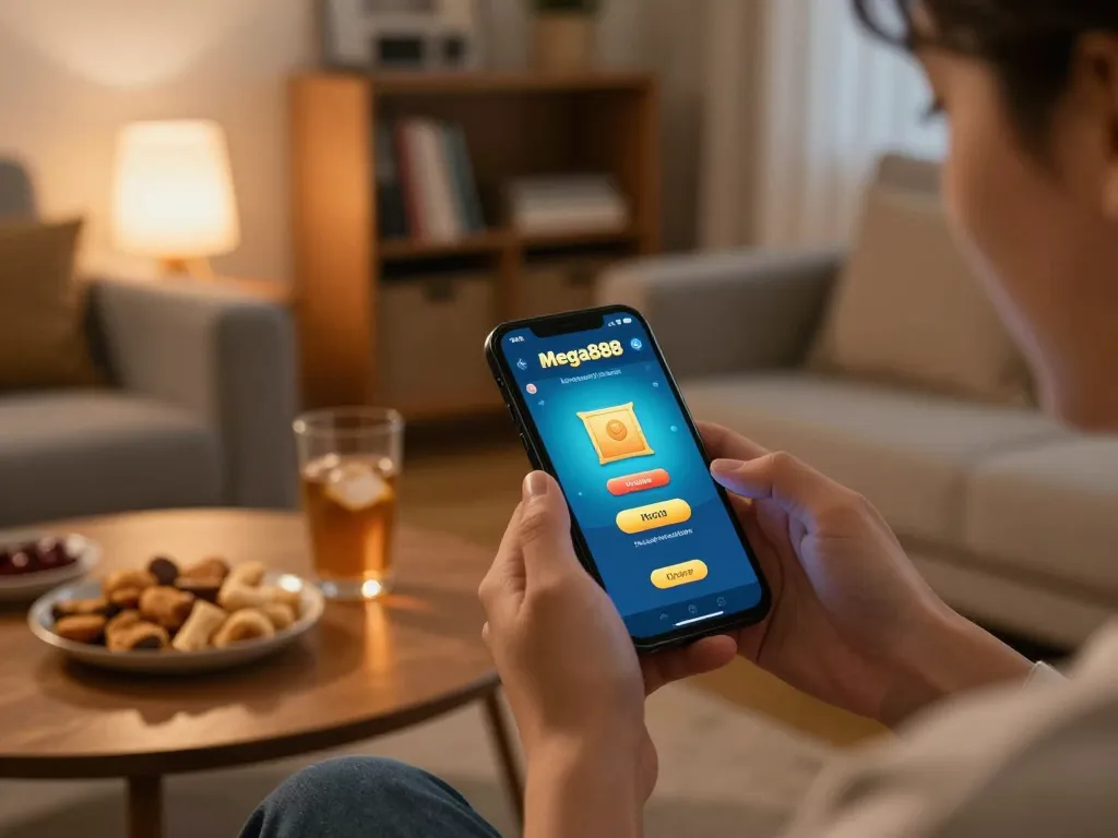 Experience Mega888 gaming action on a smartphone while enjoying a cozy website atmosphere