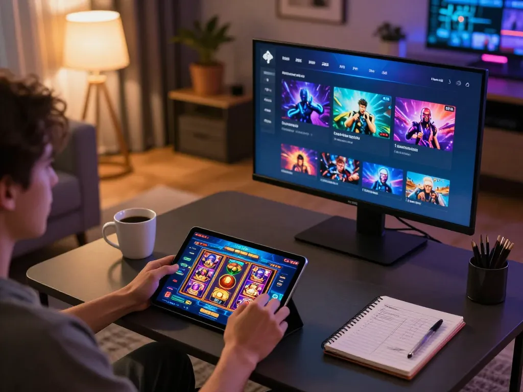 Terlibat dalam perjudian daring di https://jikankasi.com/modules/bulletin/ dengan tablet, permainan slot berwarna-warni ditampilkan.