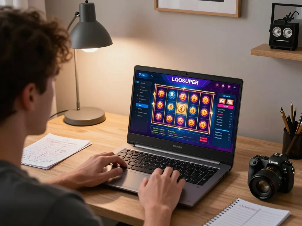 Engaged player enjoying online slots on the LGOSUPER platform in a modern home setup.