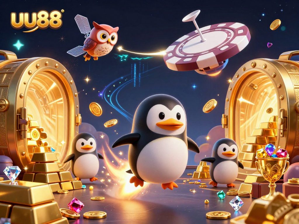 uu88 showcases a golden penguin blasting through space towards a casino, filled with treasure.