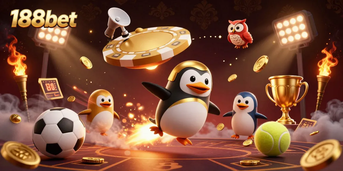 Engaging 188bet illustration with a golden penguin and dynamic sports elements for online betting.