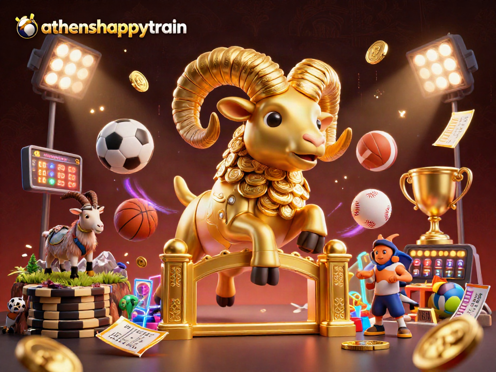Experience thrilling gameplay with the athenshappytrain, featuring a golden ram charging through sports elements and vibrant atmosphere.