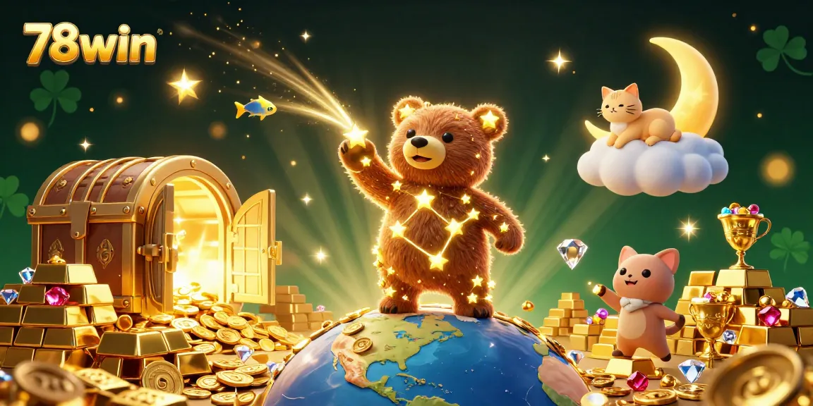 Join the excitement at 78win as the constellation bear scoops up treasure beneath a vibrant gaming scene.