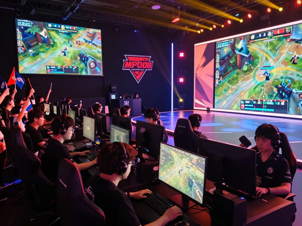 MPO08 esports competitors showcasing skills in an intense gaming arena with audience excitement.