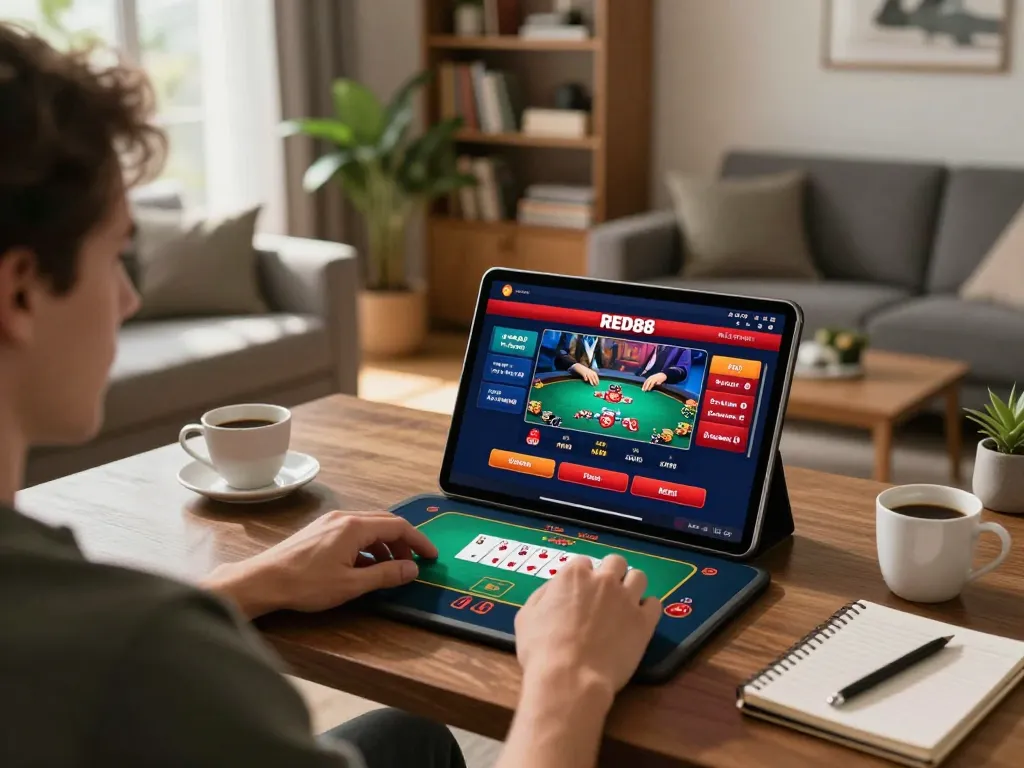 Engaging in RED88 casino gaming on a tablet in a cozy living room.