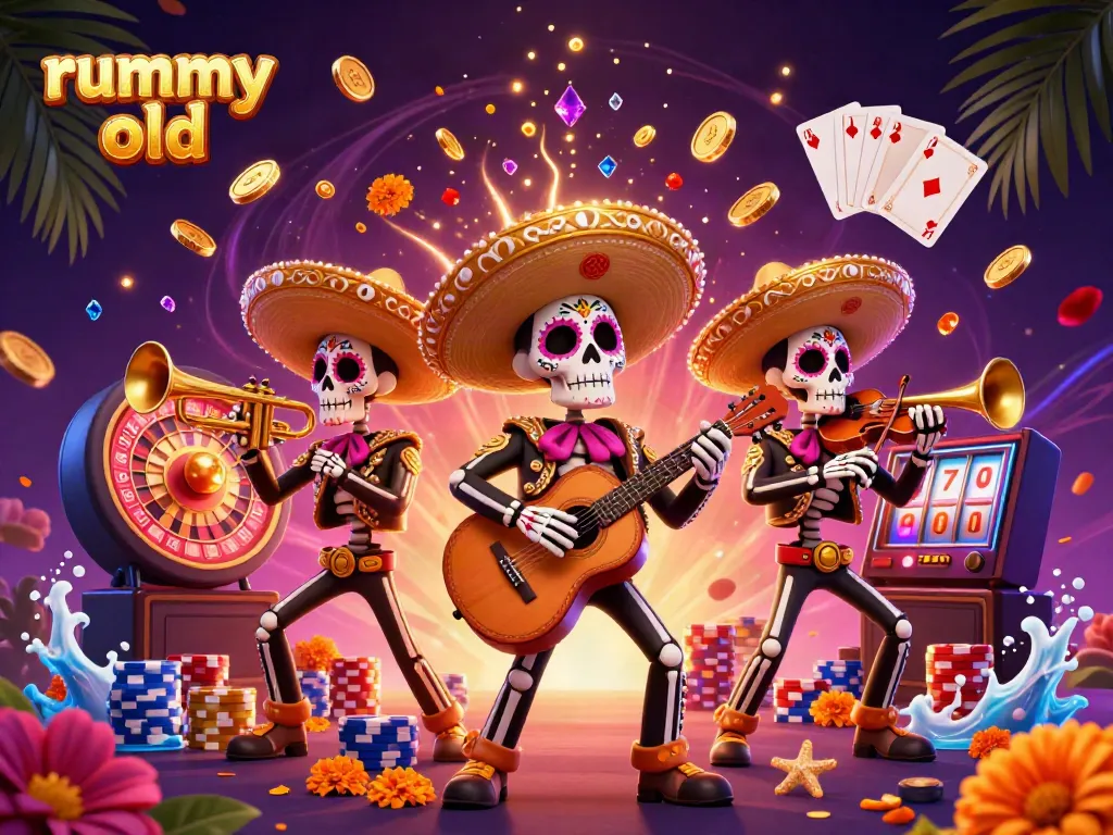 Rummy Old app scene with vibrant 3D mariachi band, colorful cards, and sparkling casino elements.