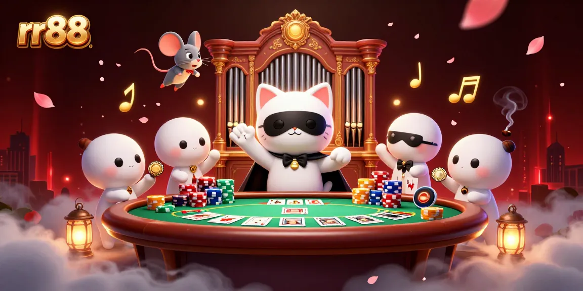 Engage with rr88's exciting casino scene featuring a whimsical masked cat, poker chips, and dynamic play elements.