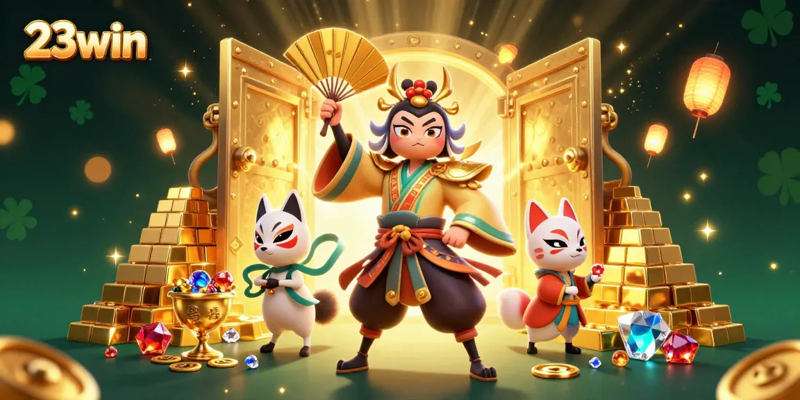Experience 23win's vibrant gaming world with dynamic 3D characters and gold treasures.