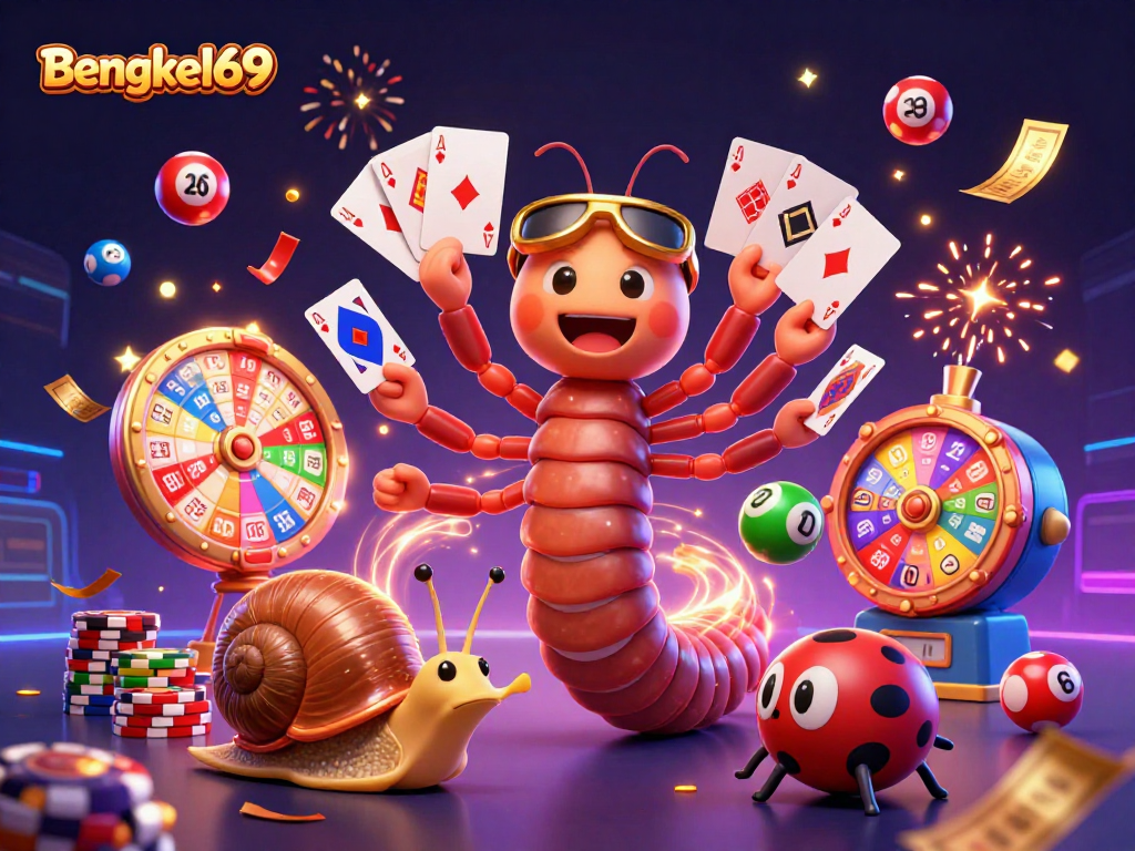 Bengkel69 features a lively casino scene with a millipede dealer, excited characters, and dynamic lottery elements.