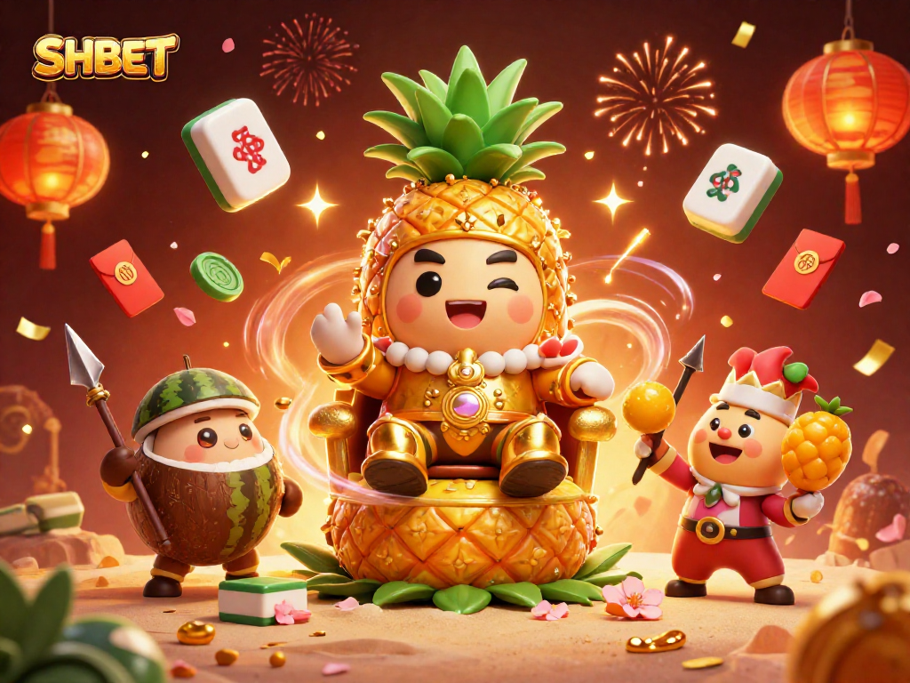 SHBET showcases a vibrant beach casino scene with a golden pineapple king and dynamic gambling elements.