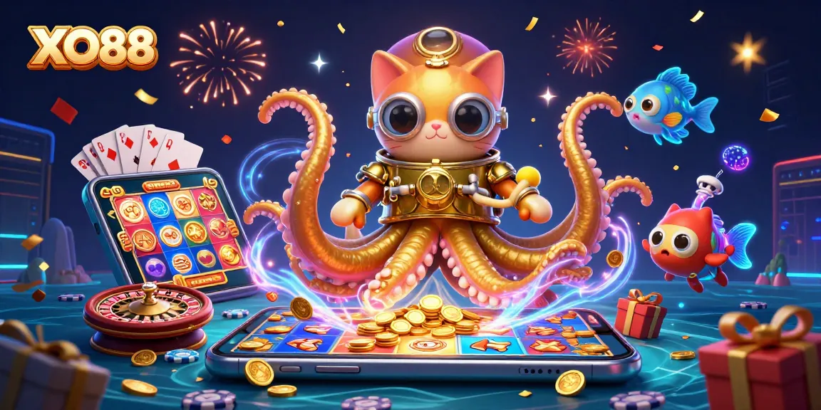 Engage with XO88's immersive cartoon illustration showcasing a kraken and diving cat among vibrant gaming elements.