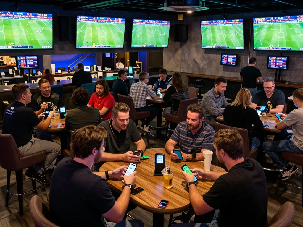 Soi Kèo enthusiasts engaged at a lively sports betting lounge, analyzing odds and discussing strategies.
