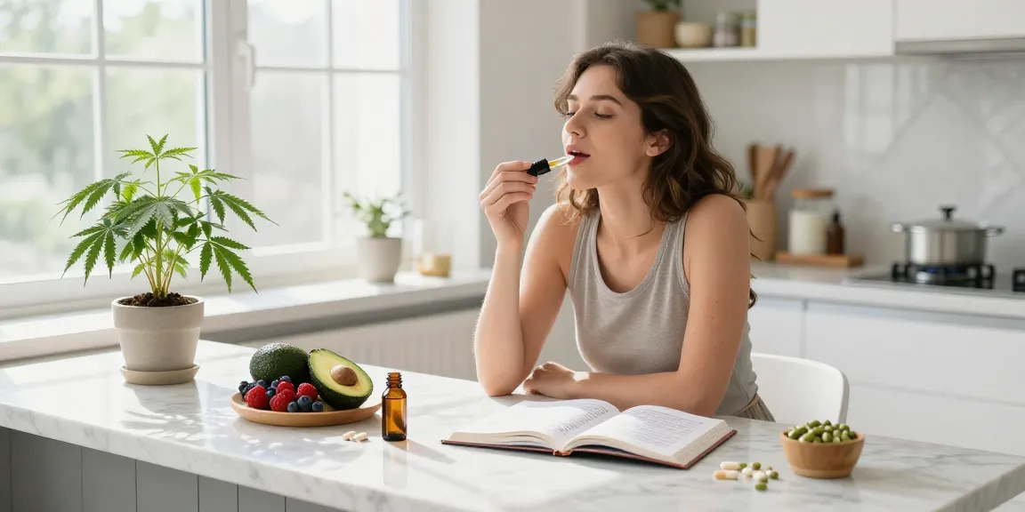 Legal vaping age in Cyprus context shown with CBD oil tincture, fresh ingredients, and wellness items in bright kitchen atmosphere.