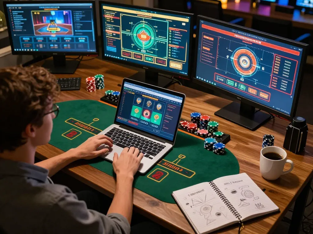 Person enjoying a smartcityhostels gaming session on a laptop, immersed in online blackjack.
