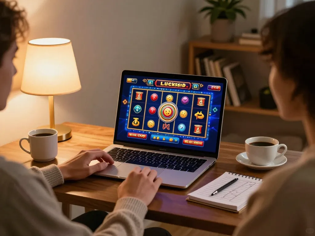 Engaging in online slot gaming on luck88com with vibrant screen and cozy atmosphere.