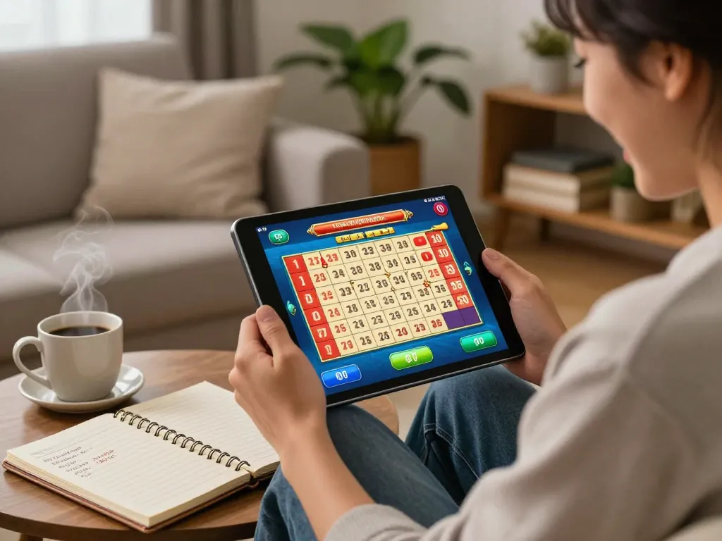 Engaging online lottery gaming scene with player analyzing data sgp on tablet, cozy home setting.