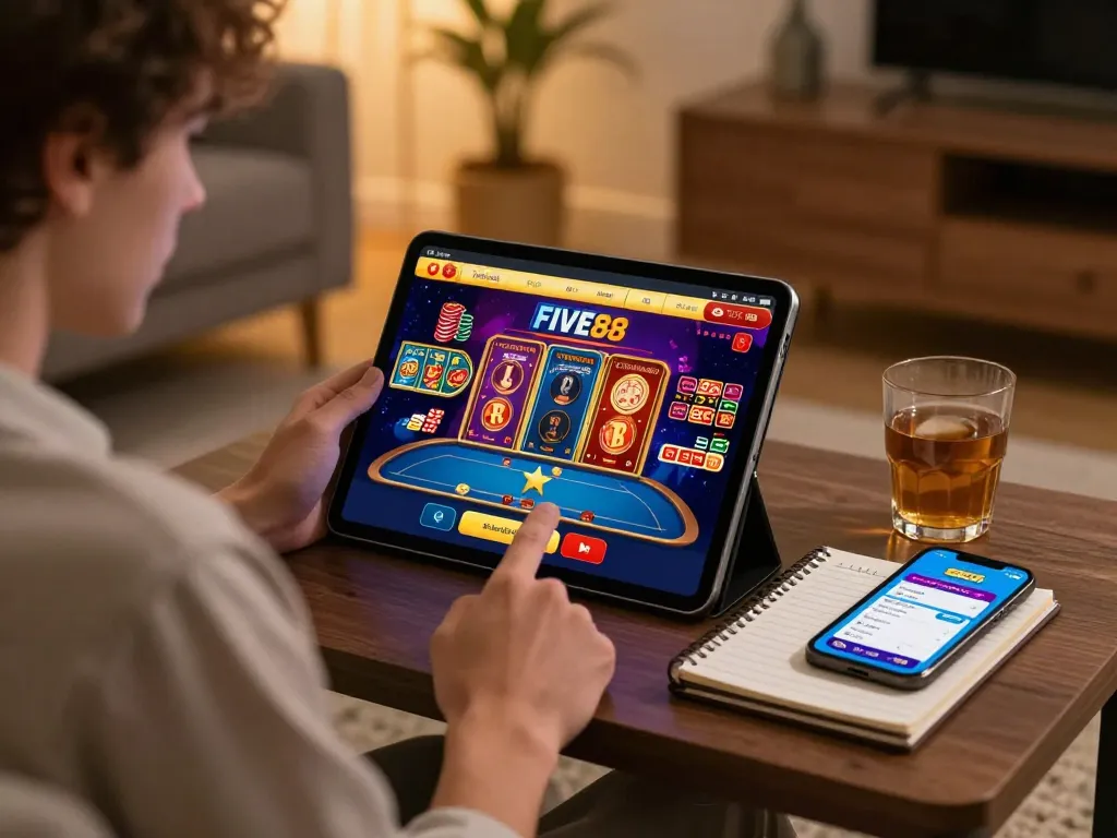 Engaging in online gaming on FIVE88 while enjoying a cozy home environment.