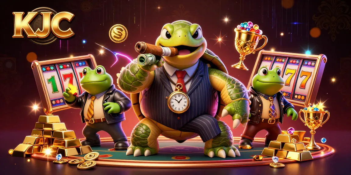 Engage with KJC's vibrant casino atmosphere featuring a turtle mobster in action amidst gold and slot reels.