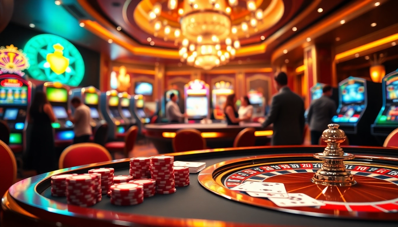 MMOO gamblers experience excitement at a vibrant casino scene with poker chips and a roulette wheel.