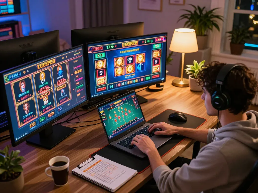 Player engaging with LGOSUPER games on multiple screens, showcasing online casino excitement in a cozy setting