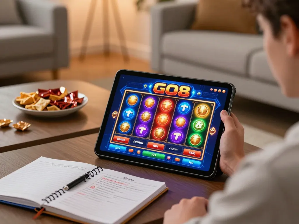 Player engaging with GO8's online casino on tablet, surrounded by betting strategy notes and snacks