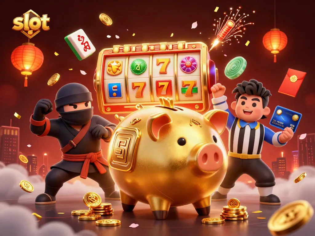 Pengalaman slot yang menyenangkan dengan piggy bank emas, ninja, dan wasit dalam suasana kasino yang meriah.