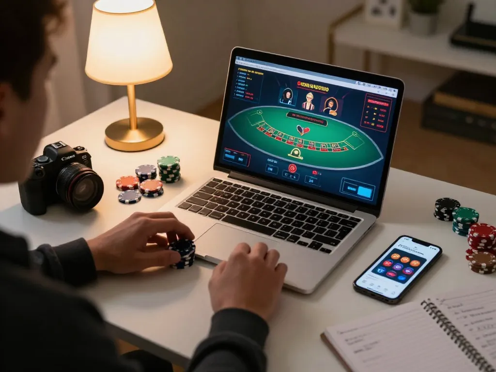 Player engaging in a live dealer game on LV88's online platform, surrounded by poker chips and strategy notes, in a cozy home office.