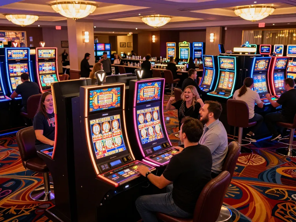 Players enjoying slot machines at rwin casino, celebrating wins with vibrant lights