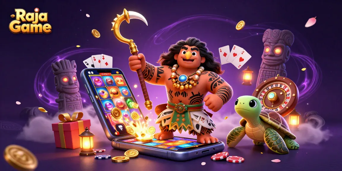 Engage with Raja Game's vibrant slot experience featuring a demigod and playful turtle in an enchanting online casino setting.