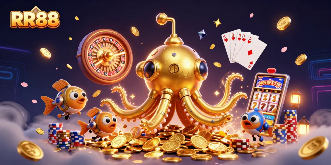 Experience the excitement of RR88 with a vibrant, action-packed casino scene featuring a golden kraken and treasure elements.