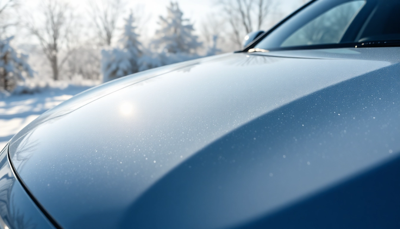 Highlighting PPF winter road salt protection on a vehicle amidst a snowy landscape.