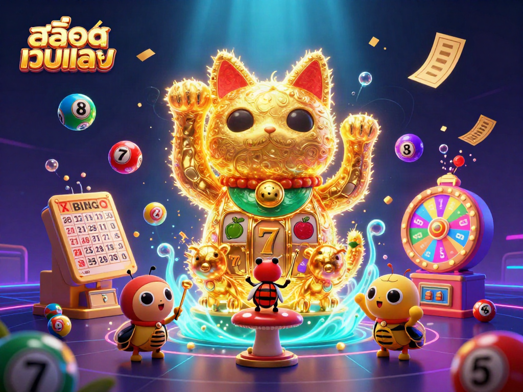 Engage with the giant lucky cat of สล็อตเว็บตรง amidst vibrant casino symbols, lottery balls, and golden tickets for an exhilarating experience.