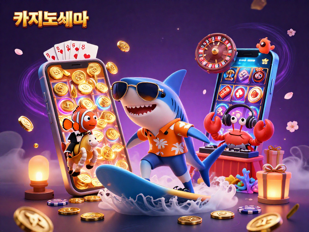 카지노사이트에서 황금 동전의 파도를 타는 상어와 함께하는 카지노 게임 장면